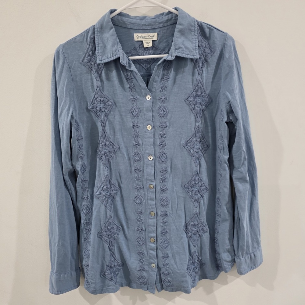 Coldwater Creek Womens Button Up Top Size Petite Small Embroidered‎ Blue Western